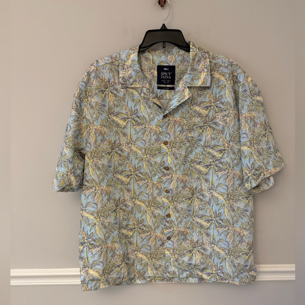Spicy Tuna tropical palm tree pattern Hawaiian short sleeve shirt. XL